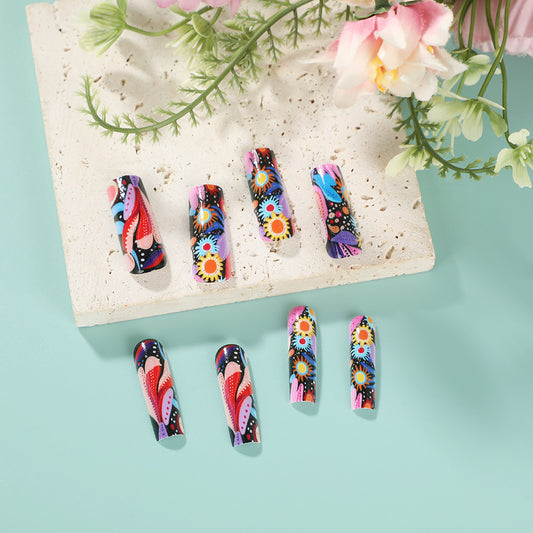 Bohemian Chic Colorful Long Square Shape Floral Pattern Press-On Nail Set