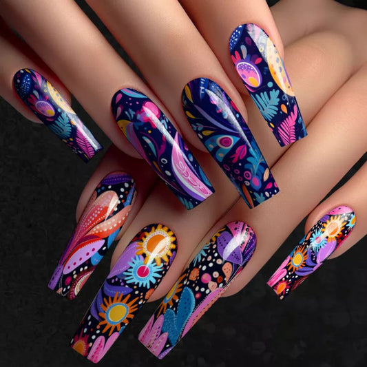 Bohemian Blossom Long Coffin Shape Colorful Floral Design Press On Nail Set