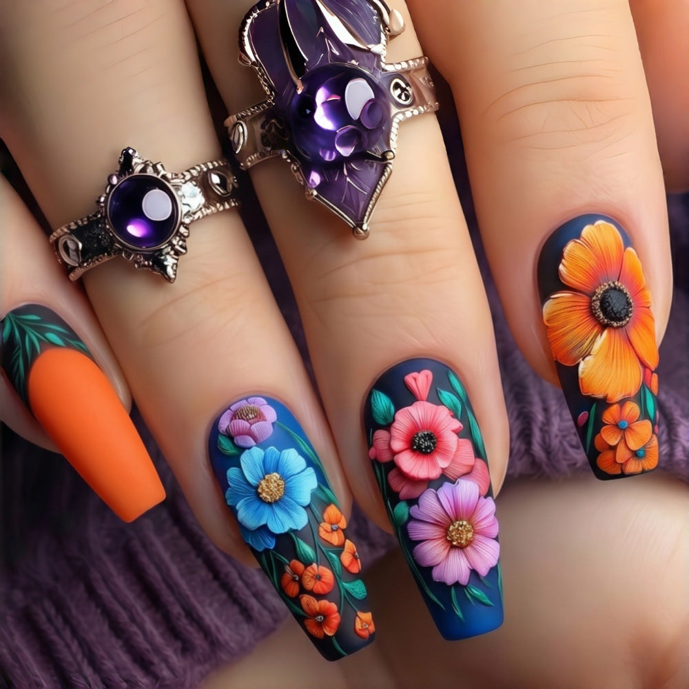 Floral Fantasy Long Coffin Blue Matte Press On Nail Set with Textured Flower Designs