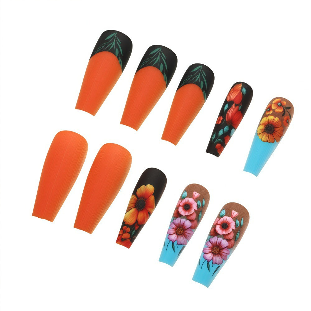 Vibrant Floral Fantasy Long Coffin Orange with Unique Painted Flower Designs Press On Nail Set