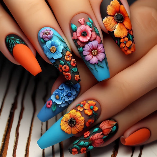 Bohemian Floral Long Coffin Vibrant Matte Finish Press On Nail Set