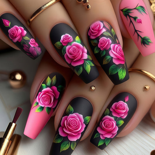 Blooming Romance Long Coffin Pink Floral Press-On Nail Set with Matte Finish