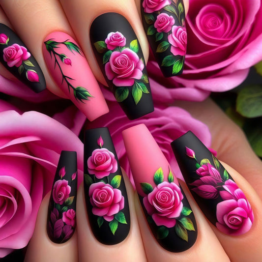 Blossoming Romance Long Coffin Matte Black and Pink Floral Press On Nail Set