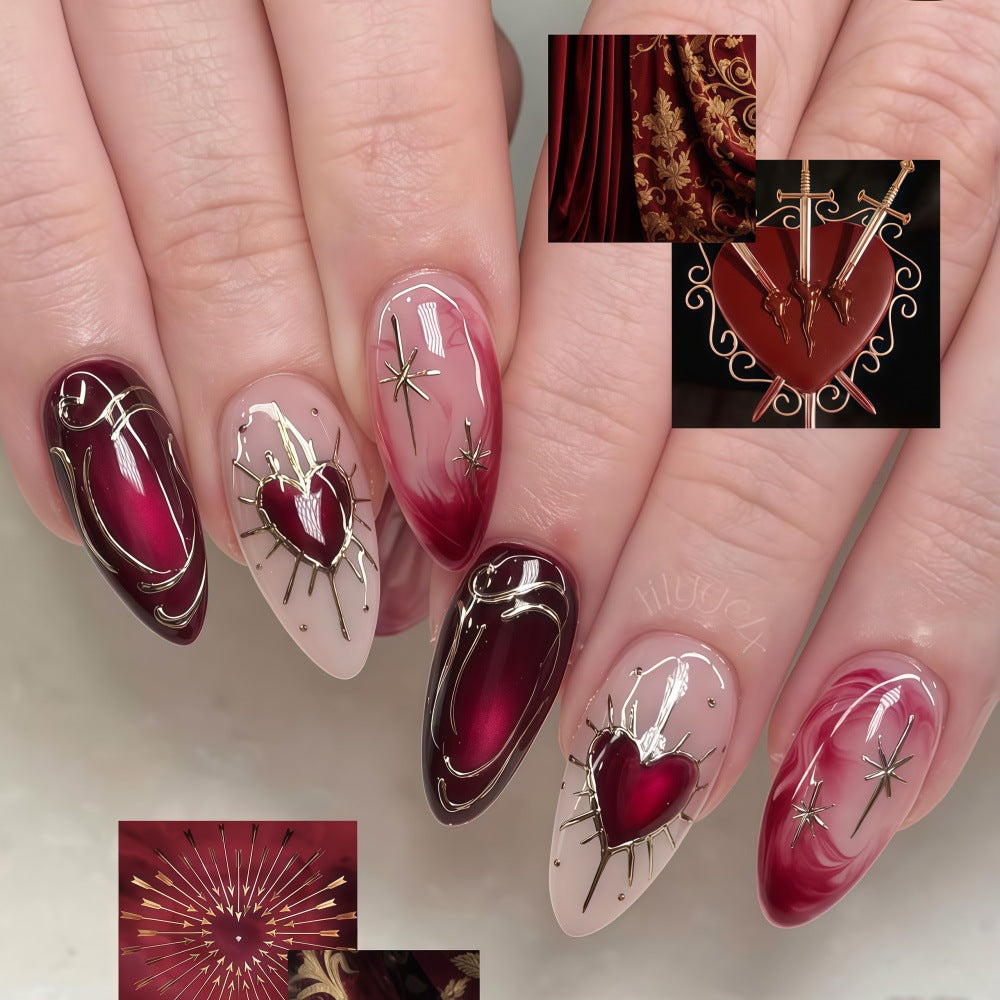 Romantic Elegance Short Almond Red and Beige Ombre Press On Nail Set with Heart and Star Accents