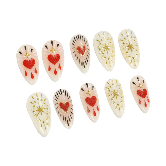 Love Struck Elegant Short Almond Soft Pink and Cream Heart and Star Motif Press On Nail Set