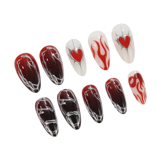 Sizzling Romance Short Almond Red and Black Press On Nail Set with Heart and Flame Designs