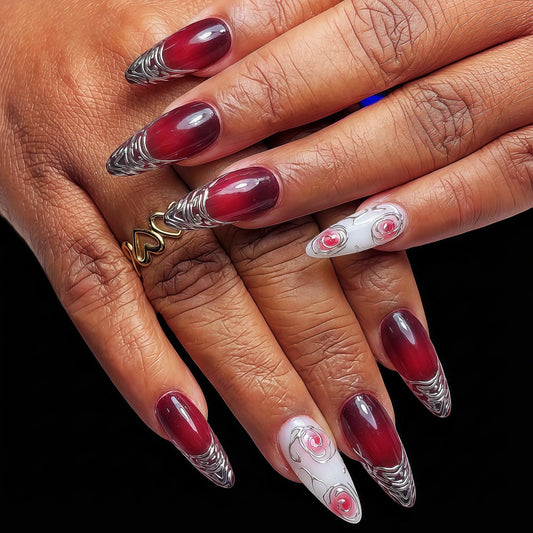 Enchanting Elegance Long Stiletto Dark Red Ombre with Delicate Floral Detailing Nail Set