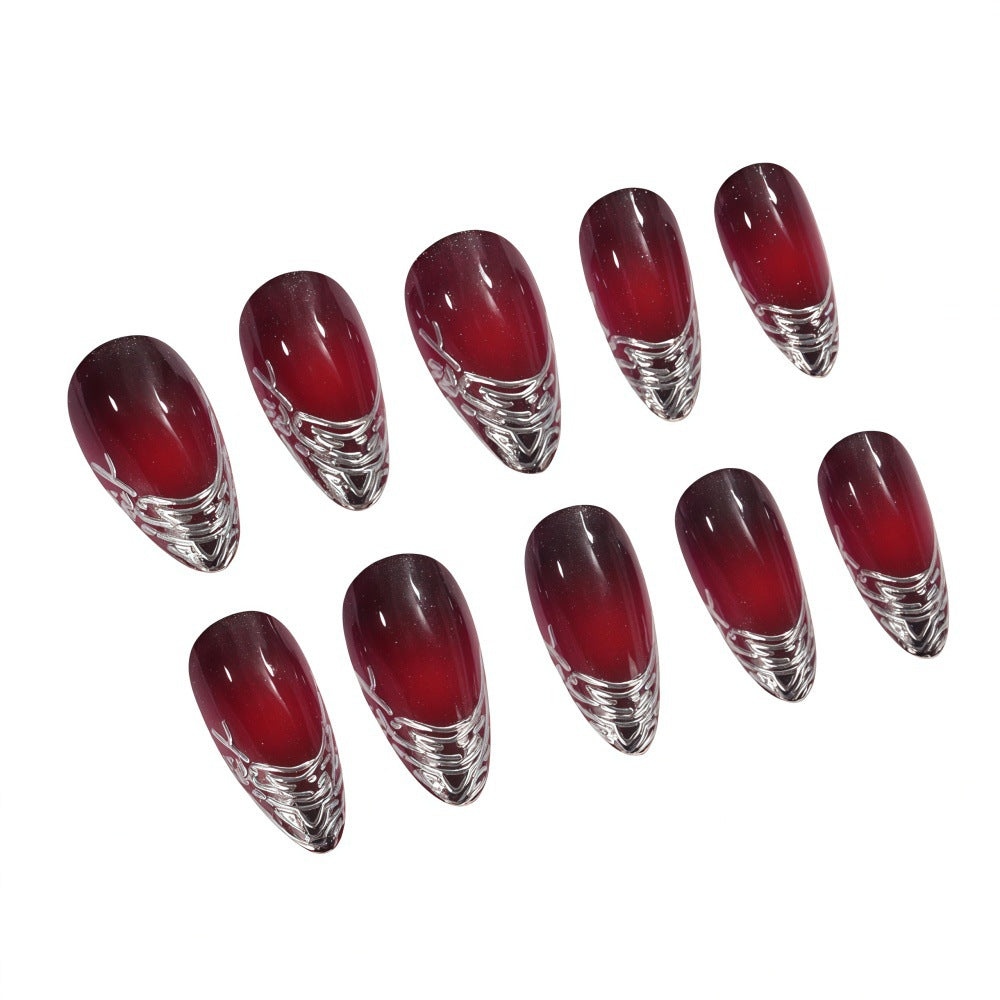 Mystical Elegance Long Stiletto Ombre Red Press on Nail Set with Intricate Crystal Design