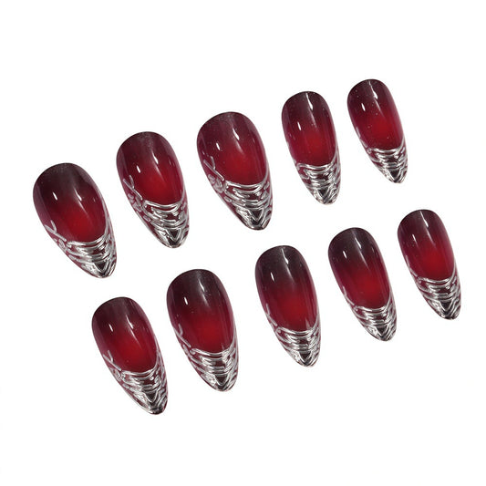 Mystical Elegance Long Stiletto Ombre Red Press on Nail Set with Intricate Crystal Design