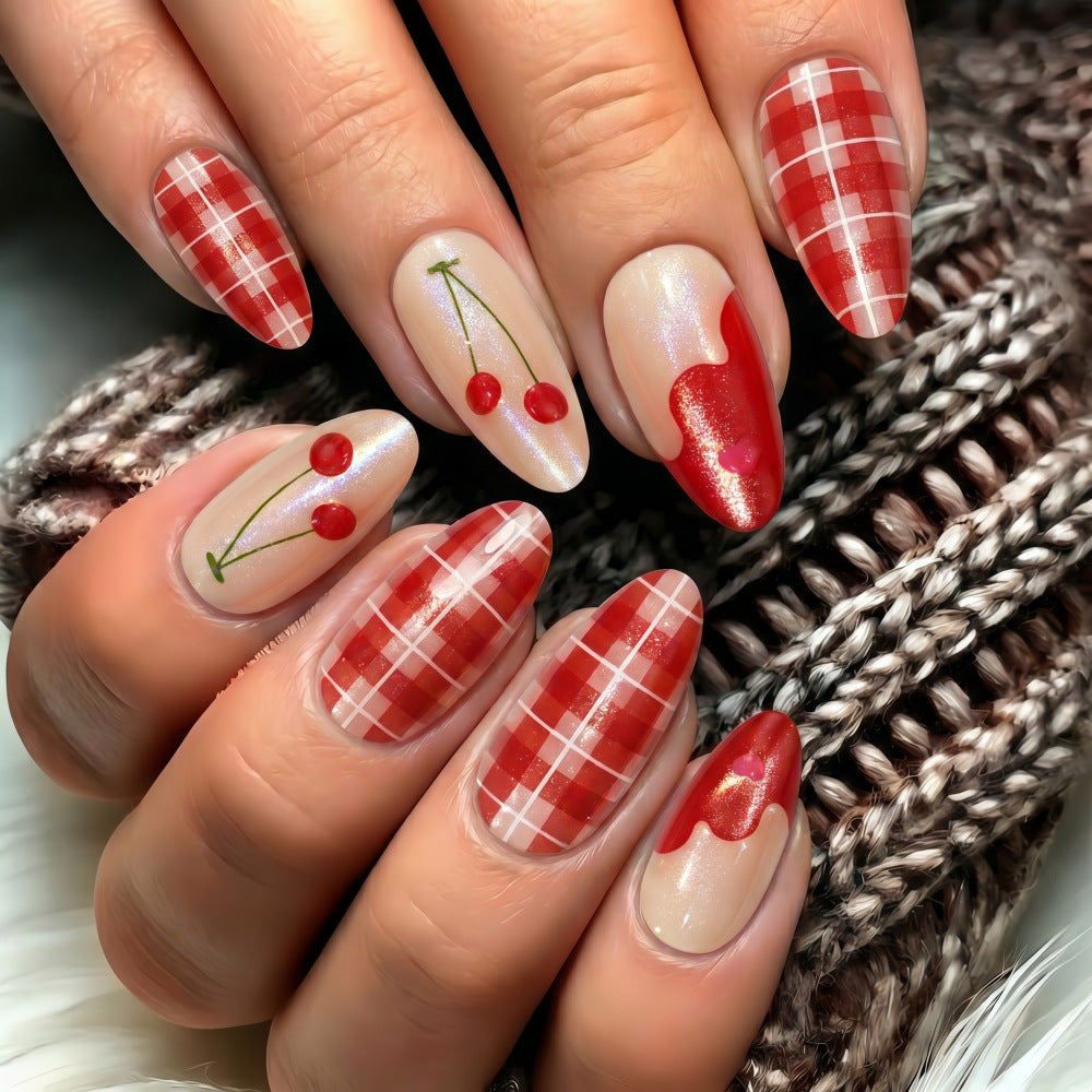 Cherry Blossom Inspiration Medium Almond Red Checkered Design Press On Nail Set