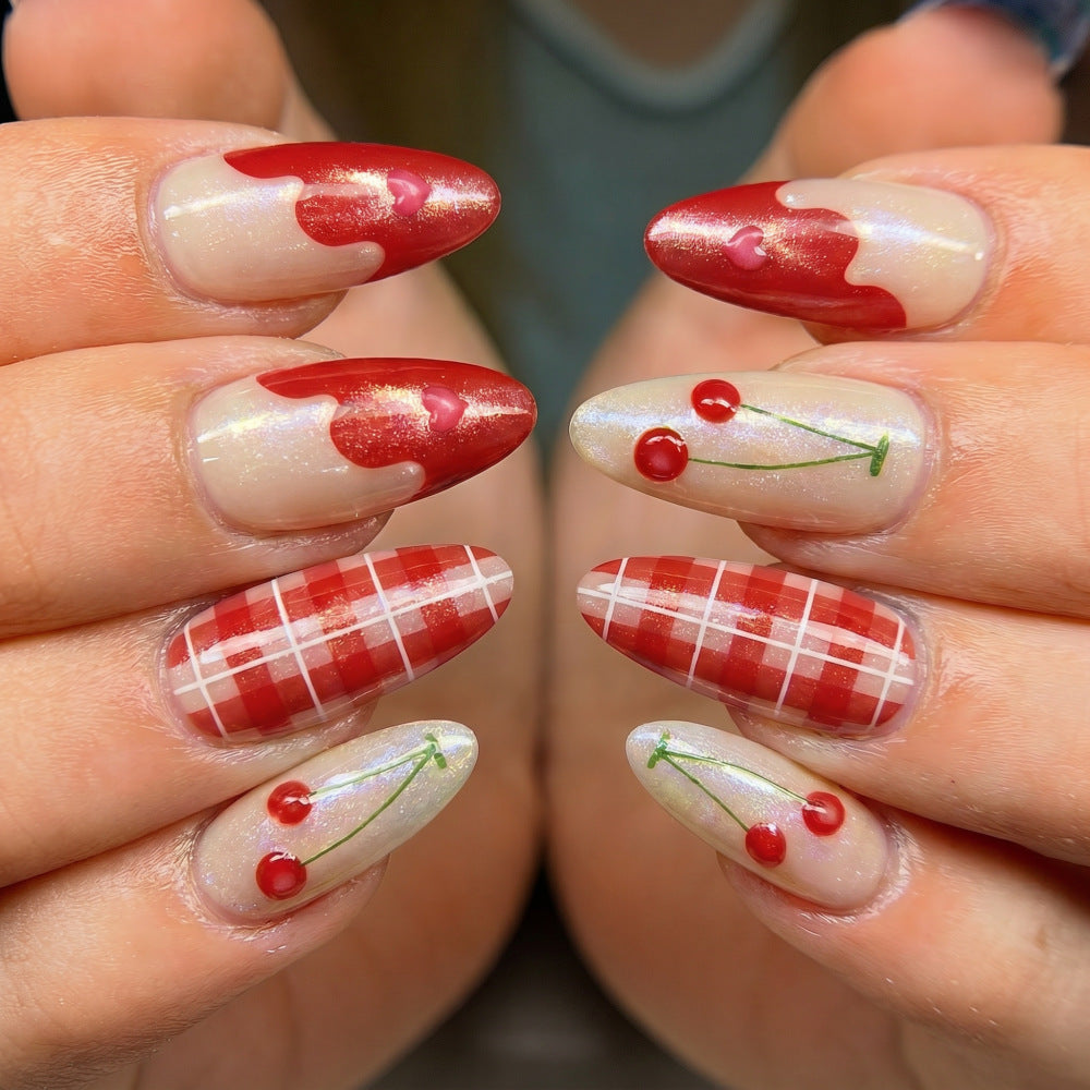 Cherry Blossom Delight Medium Almond Red Dripping Nail Set