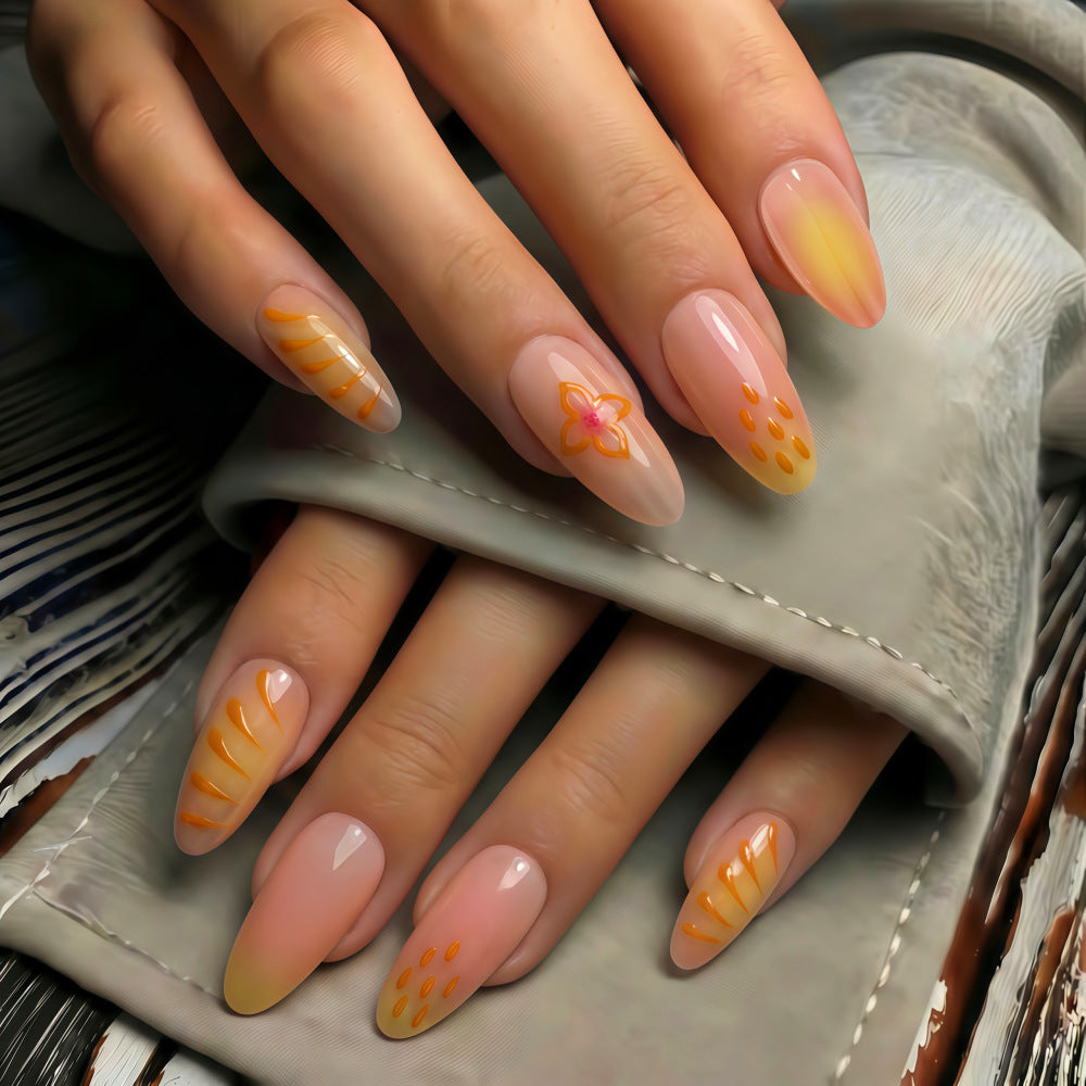 Tropical Vibes Medium Almond Peach Ombre with Floral Design Press On Nail Set