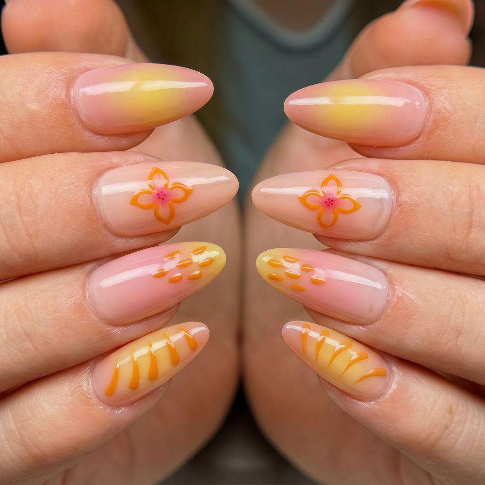 Tropical Blossom Medium Almond Ombre Press On Nail Set with Floral Accents