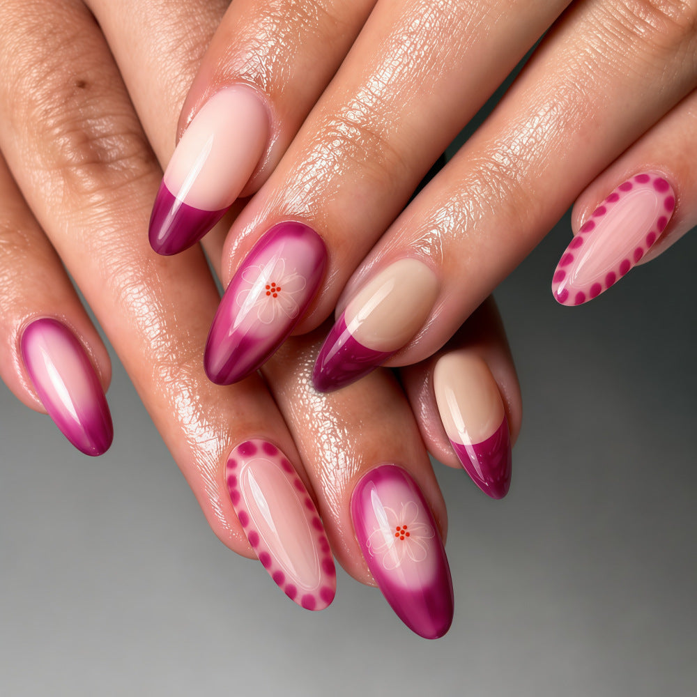 Enchanting Floral Fantasy Medium Almond Purple Ombre Nail Set with Intricate Design