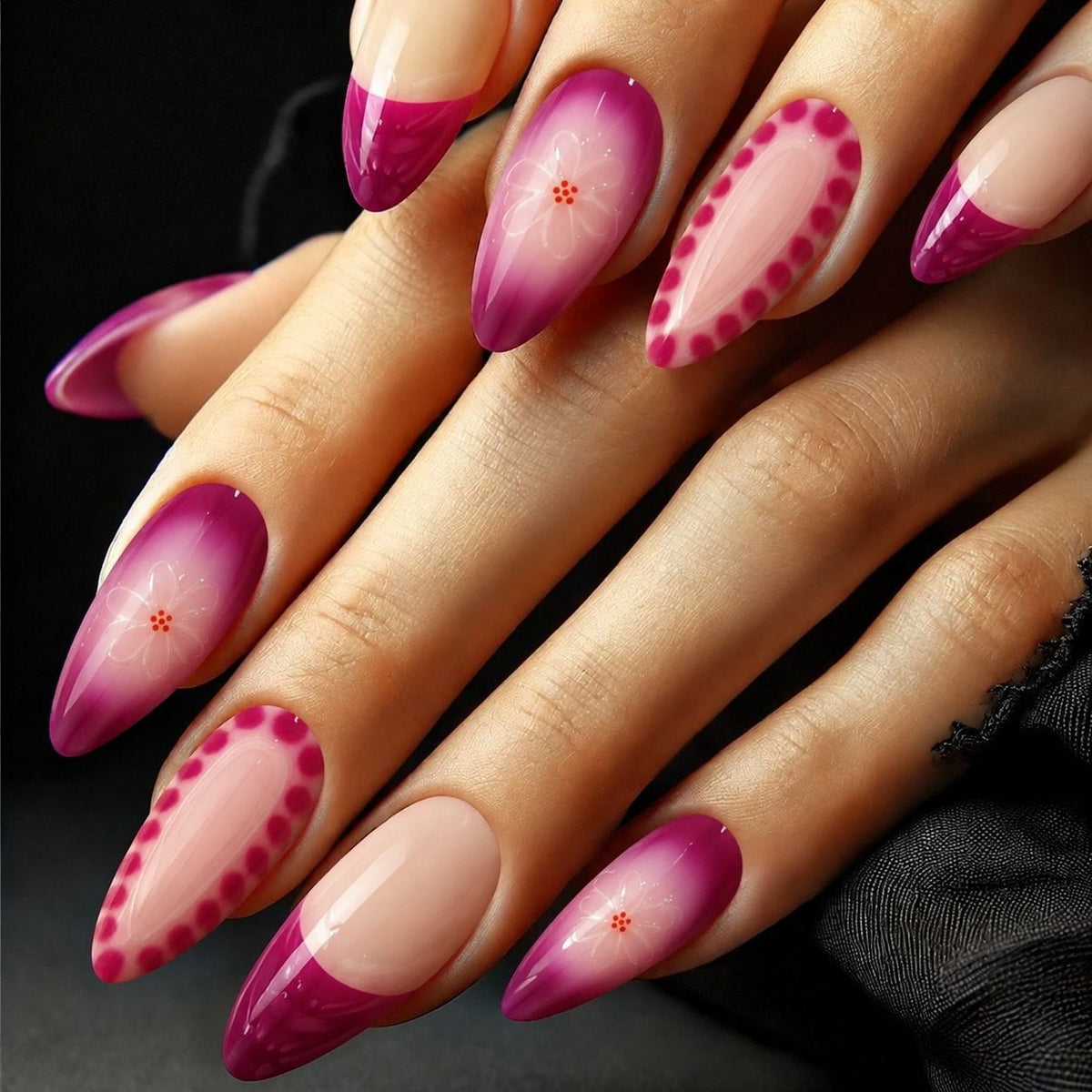 Floral Fantasy Medium Almond Ombre Press on Nail Set with Artistic Design