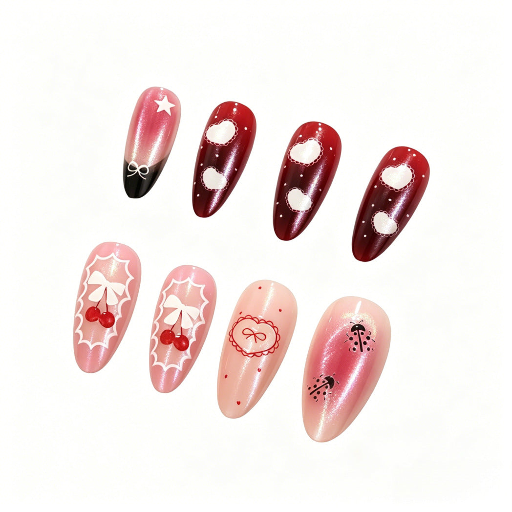 Charming Cherry Blossom Medium Almond Red and Pink Nail Set with Whimsical Designs