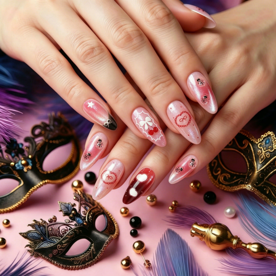 Masquerade Elegance Medium Almond Pink with Glittering Charm Press On Nail Set