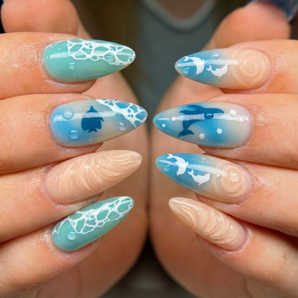 Ocean Breeze Medium Almond Aqua Ombre with Underwater Art Design Nail Set