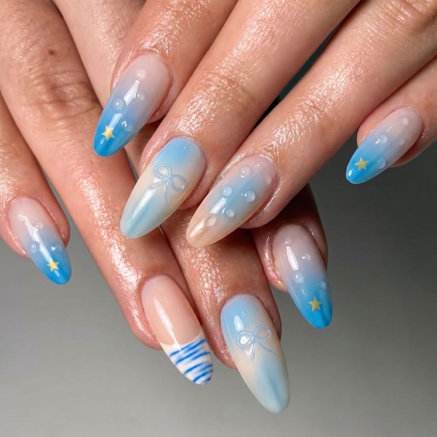 Dreamy Sky Long Almond Blue Ombre with Whimsical Bows Press On Nail Set