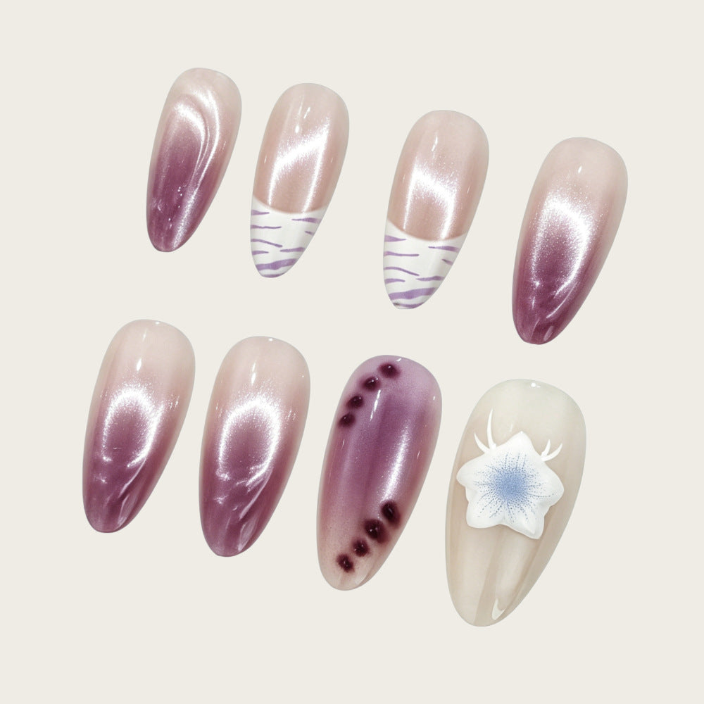 Elegant Blossom Medium Almond Purple Gradient with Floral Design Press On Nail Set