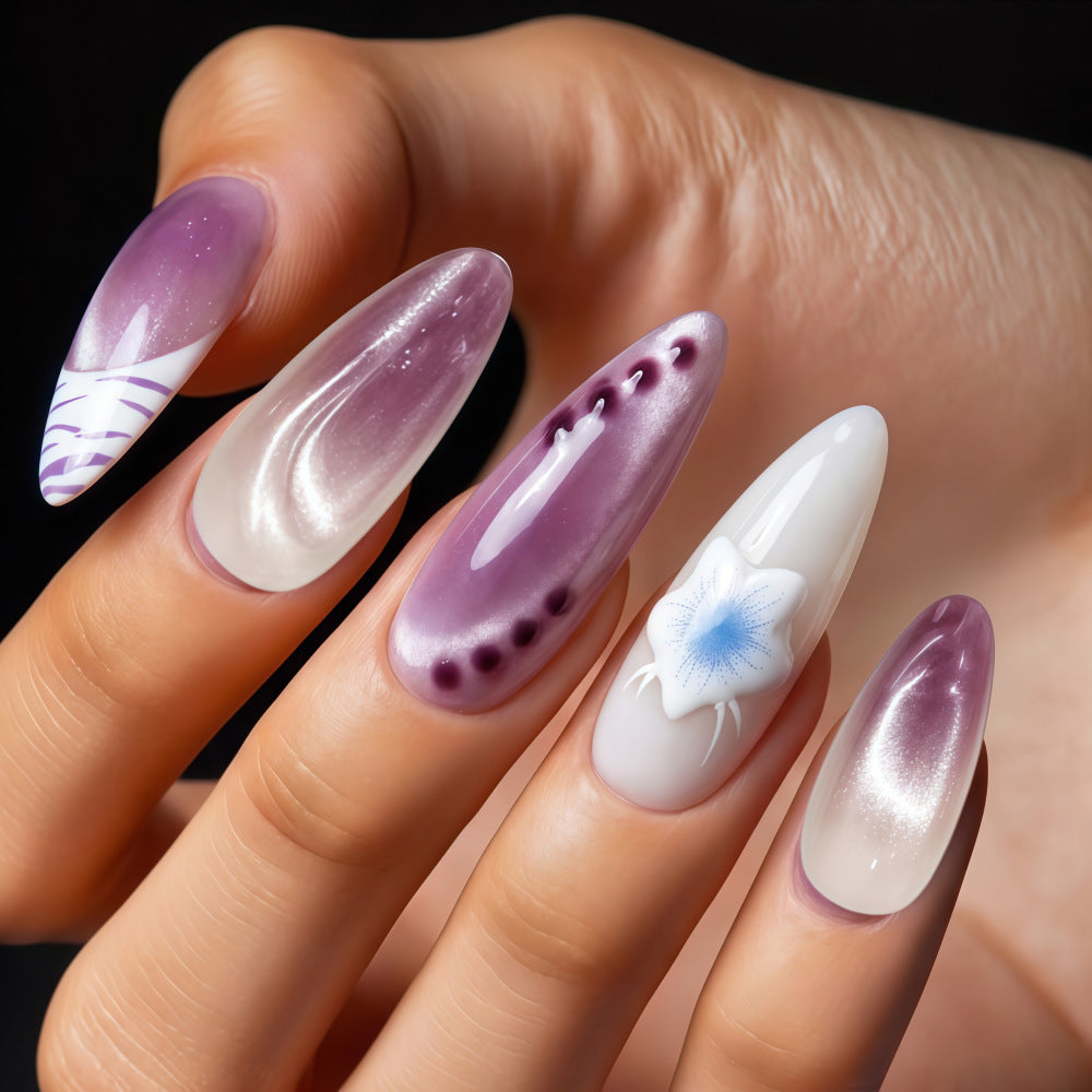 Dreamy Lavender Medium Almond Press On Nail Set with Unique Floral Accent