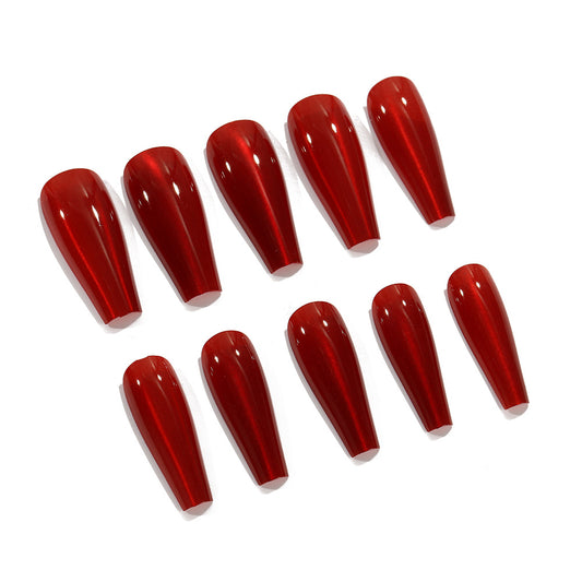 Glamorous Red Long Coffin Shaped Long Press On Nail Set with Shimmering Finish