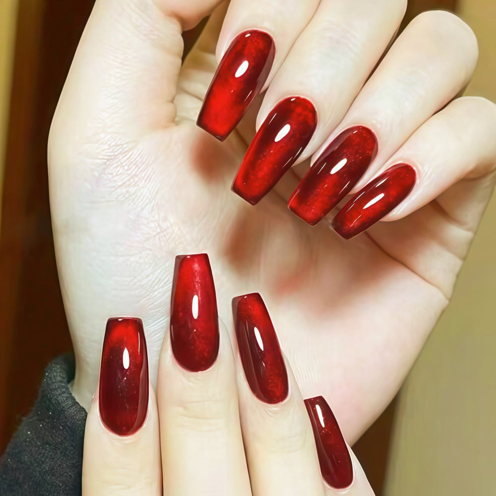 Glamourous Ruby Long Coffin Press On Nails with Shimmering Finish