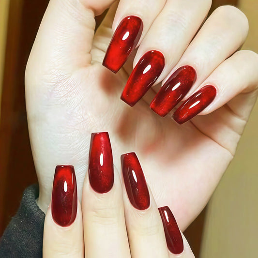 Glamourous Ruby Long Coffin Press On Nails with Shimmering Finish