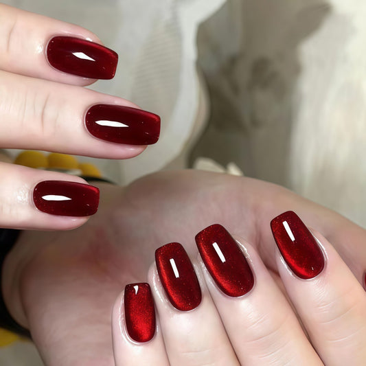Glamorous Ruby Red Long Square Shaped Glittering Press On Nail Set
