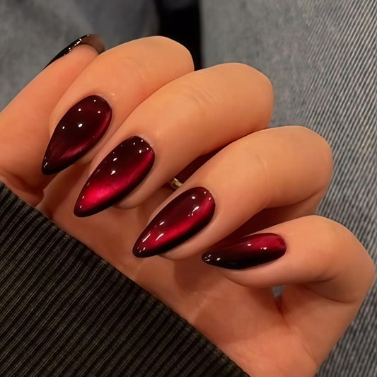 Mystical Glamour Unique Long Almond Burgundy Ombre Press On Nail Set