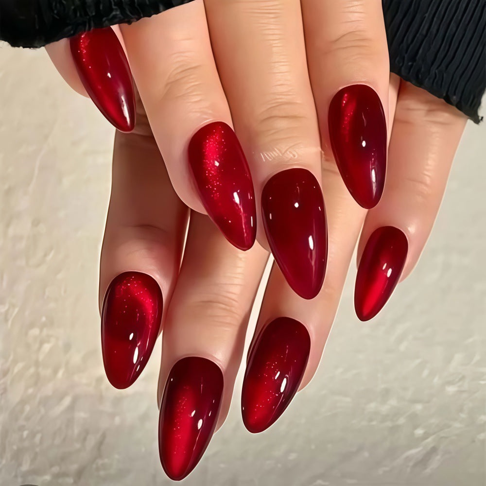 Gothic Glamour Long Almond Glossy Red Press-On Nail Set with Iridescent Shimmering Finish