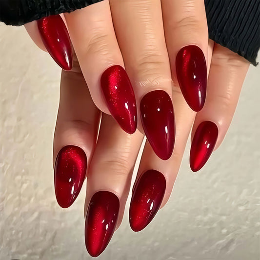 Gothic Glamour Long Almond Glossy Red Press-On Nail Set with Iridescent Shimmering Finish