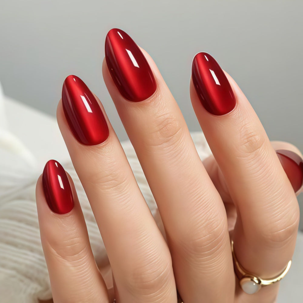 Elegant Allure Long Almond Shaped Glossy Red Press On Nail Set with Mirror Finish