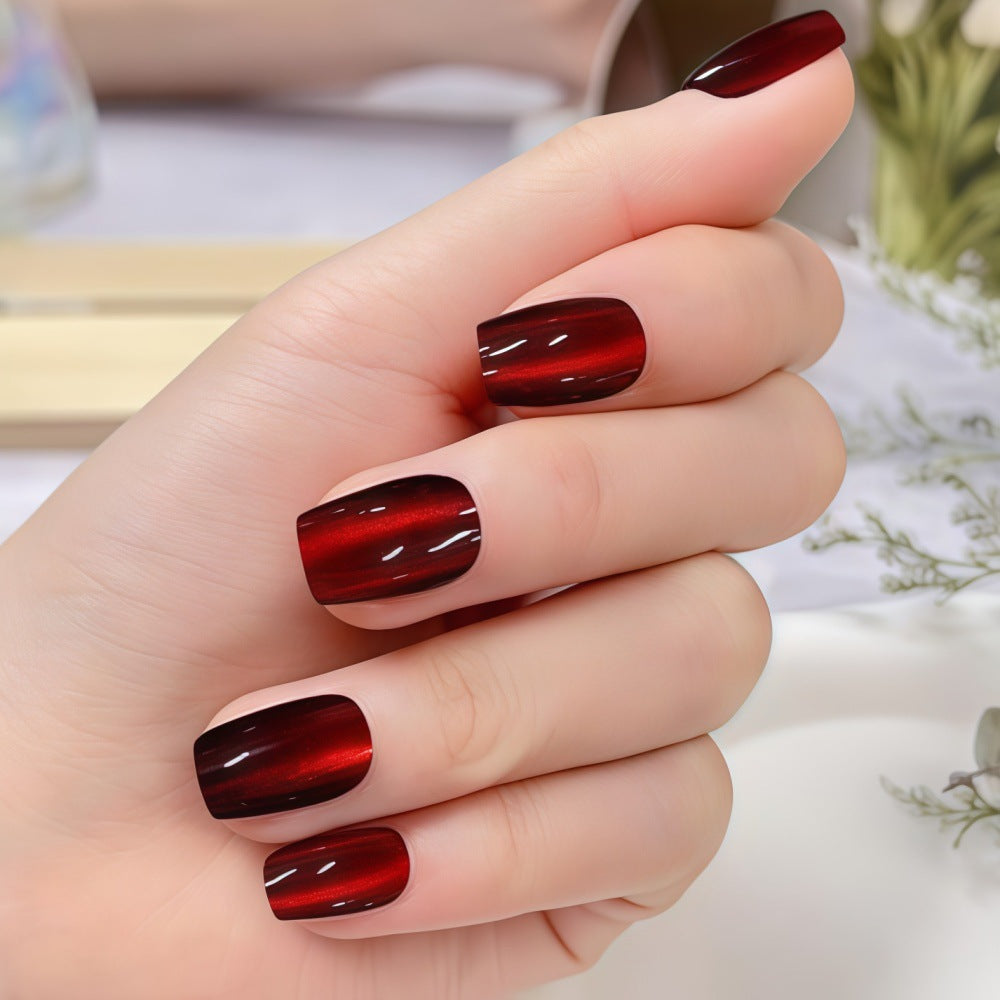 Glamorous Elegance Short Square Deep Red Glossy Press On Nail Set with a Stunning Ombre Finish