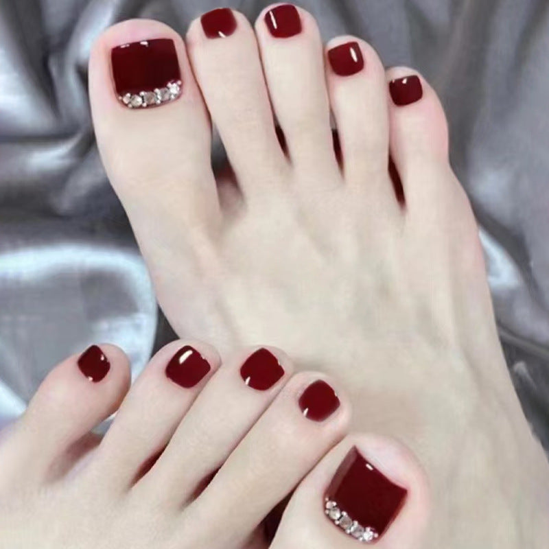Elegant Evening Glamour Short Square Burgundy Press-On Toenail Set with Shimmering Rhinestone Accents