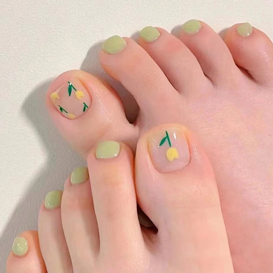 Springtime Fling Short Round Pastel Green Press On Toenails with Floral Accents