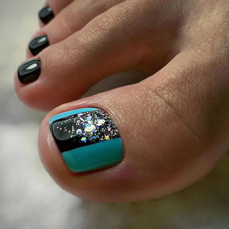 Starry Night Glamour - Short Square Black and Teal Press On Toenails Set with Sparkling Glitter Accent