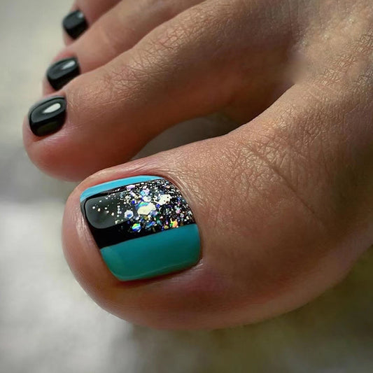 Starry Night Glamour - Short Square Black and Teal Press On Toenails Set with Sparkling Glitter Accent