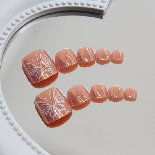 Butterfly Garden Elegance Short Square Peach Press On Nail Set with Intricate White Butterfly Design