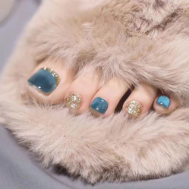 Enchanted Elegance Short Square Teal Press On Toenails with Gold Glitter Accents