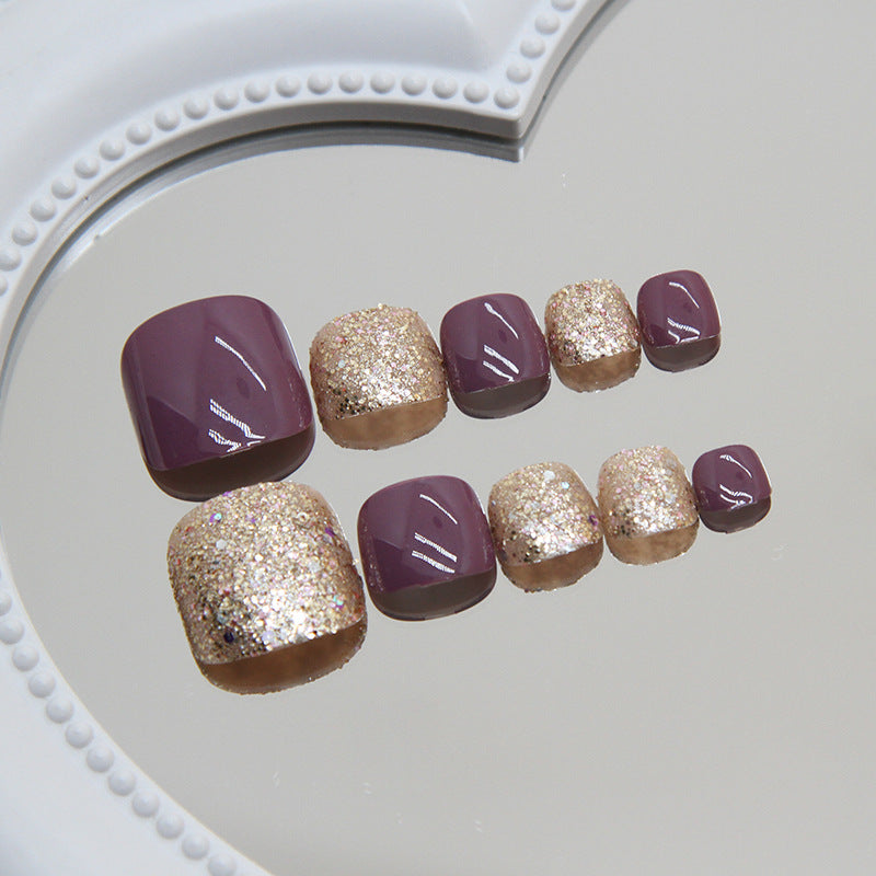 Elegant Evening Vibe Glossy Short Square Purple and Shimmering Gold Press On Toenail Set with Sparkling Finish