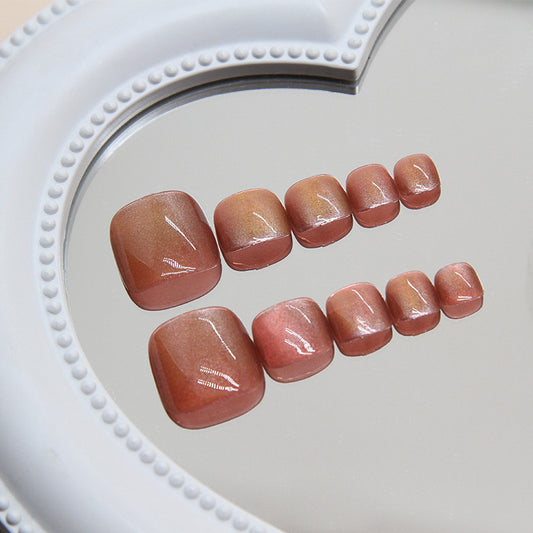 Copper Elegance Short Length Square Shape Glossy Bronze Finish Press On Toenails Set With Reflective Sheen