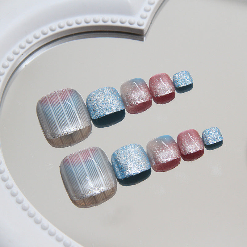 Starry Night Glitter Gradient Short Square Press On Toenails in Midnight Blue and Rosy Pink