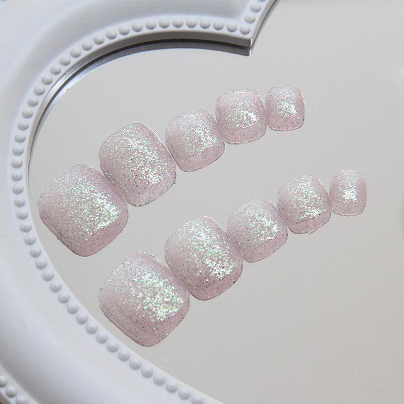 Glamorous Fairy Dust Press On Toenails Set Short Square Light Pink with Shimmering Glitter Finish