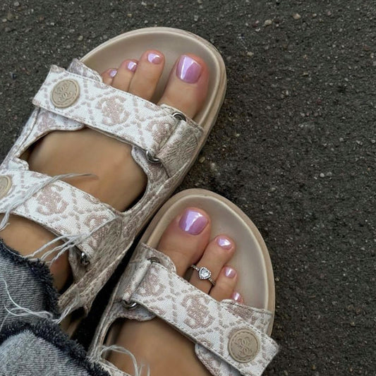 Spring Blossom Floral Short Square Light Purple Glossy Press On Toenails Set with Beautiful Metallic Accents