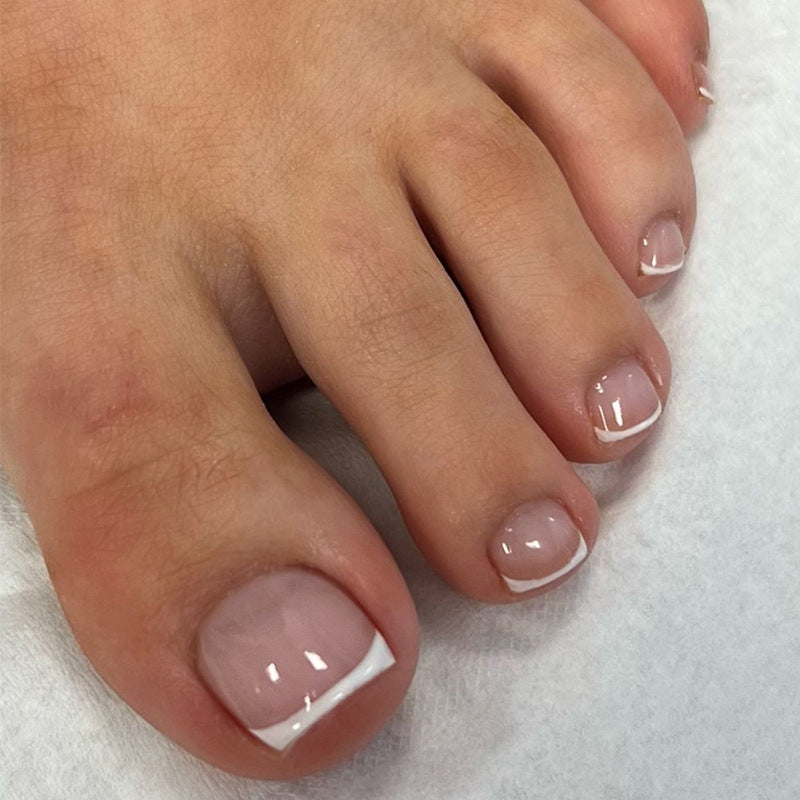 Elegant Serenity Short Square Pink Press On Toenails Set with White Tips and Glossy Finish
