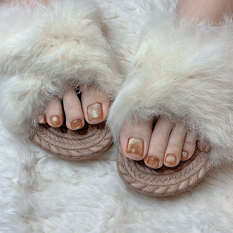 Cozy Glam Golden Square Short Press On Toenails Set with Glitter Finish for Effortless Style
