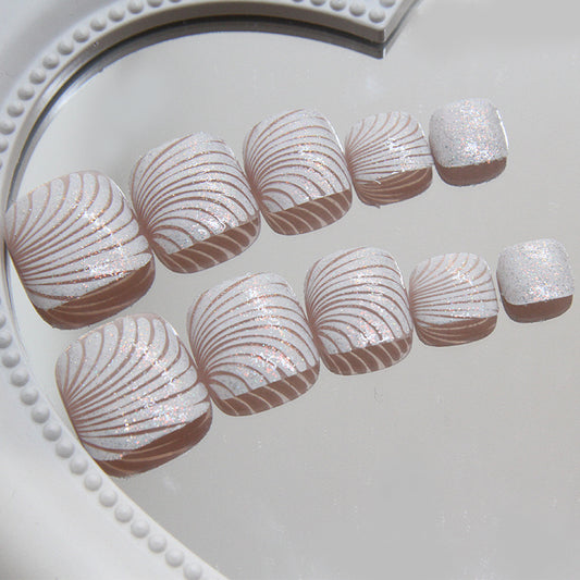 Ocean Breeze Elegance Extra Short Square Shaped Shimmery White and Pink Spiral Press On Nail Set