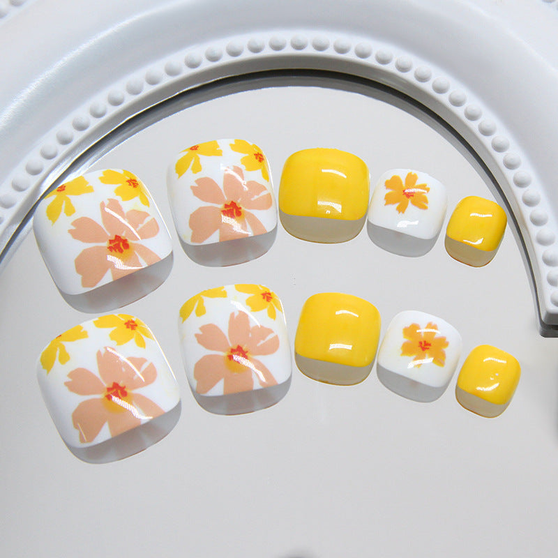Blossom Beauty Short Square Press On Toenail Set in Bright Yellow with Floral Design