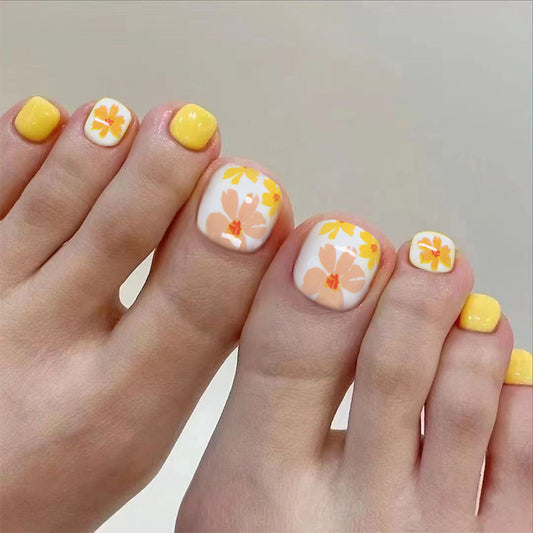 Sunshine Blossom Elegant Short Square Press-On Toenail Set in Vibrant Yellow with Charming Floral Design